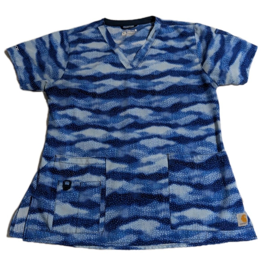 Carhartt Force Scrub‎ Top Womens M Blue Pattern Modern Fit V-Neck Pockets